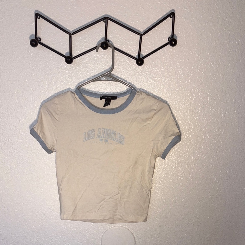 Forever 21 Cream and Blue Graphic Tee